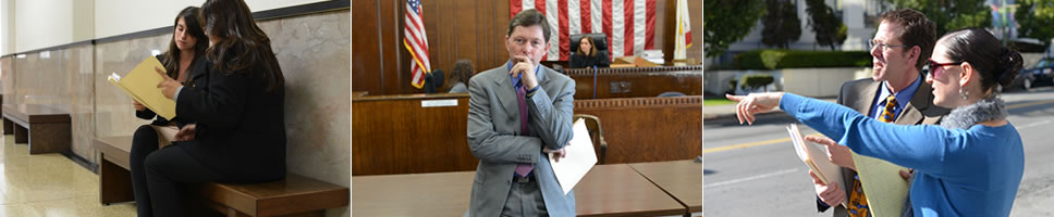 collage of public defender on courthouse bench, public defender in courtroom, public defender on street